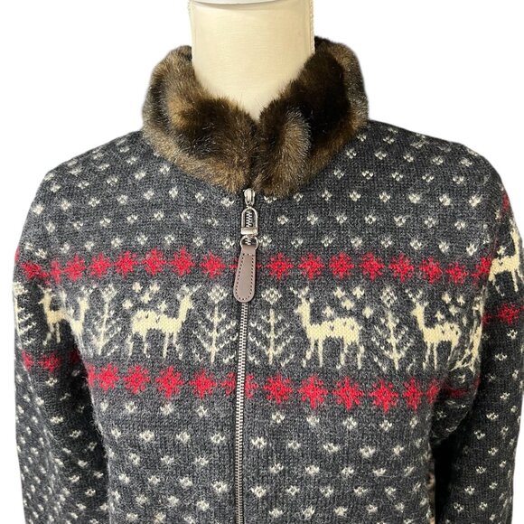 Lauren Ralph Lauren Reindeer Fair Isle Wool Faux Fur Trim Sweater Jacket Full Zi - Picture 5 of 9